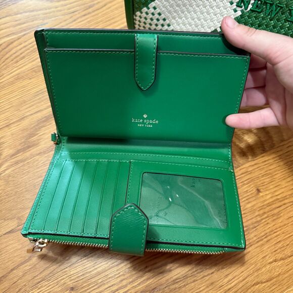 Kate Spade Ella Oversized Gingham Woven Straw Large Tote Bag, Green Bean‎ Wallet - Picture 6 of 6